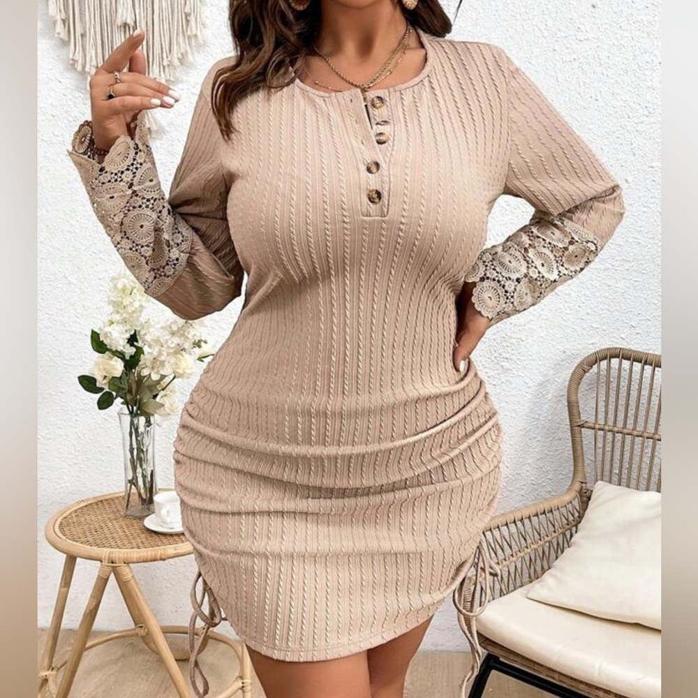 Cream Long Sleeve Dress with Lace Cuffs